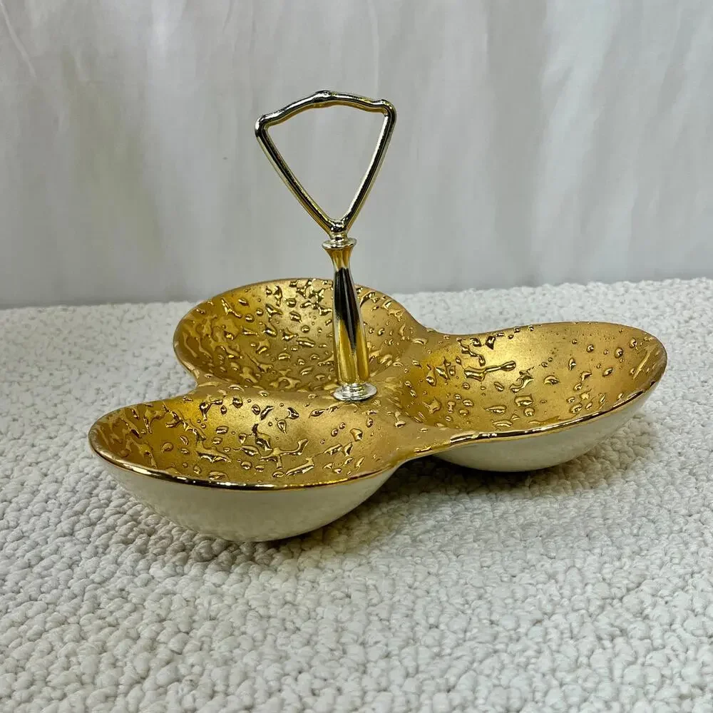 Weeping Bright Gold 3 Compartment Candy Nut  Dish W/ Handle 22K USA VTG
